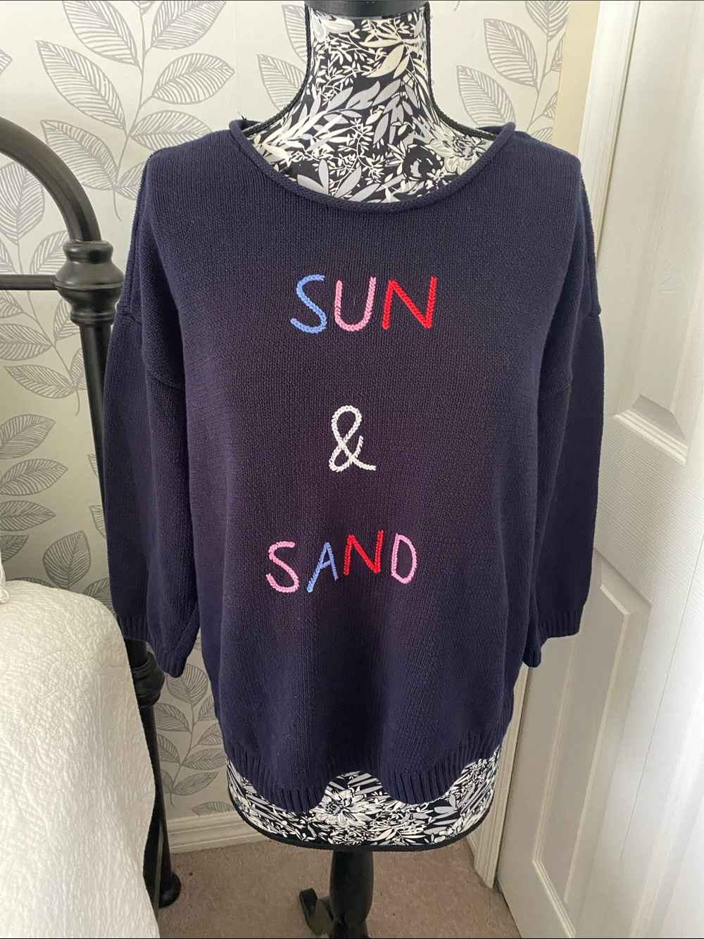 Navy Blue Talbots cotton/poly sweater with embroidered "Sun & Sand" motif